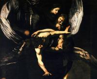 Caravaggio, “Sette opere di misericordia” dettaglio della parte superiore del quadro.