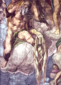 Michelangelo Buonarroti, “Cappella Sistina”, dettaglio di San Bartolomeo martire che fu scuoiato vivo. Il santo tiene in mano la propria pelle, ma il volto di quest’ultima è in realtà un autoritratto del pittore.